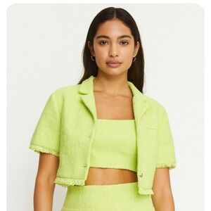 House of Harlow Bright Green Tweed Cropped Short Sleeve Blazer Jacket Top Medium